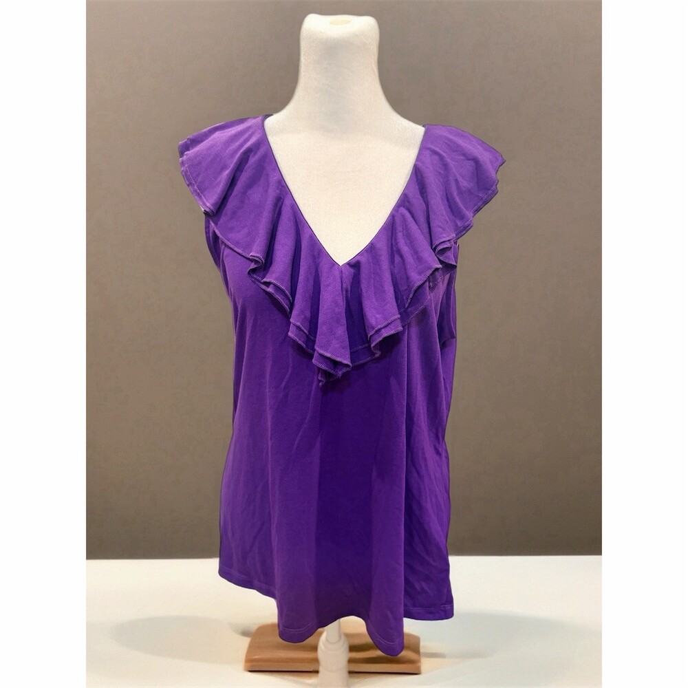 Chaps Denim Blouse Womens XL Purple Solid Ruffle V-Neck Cap Sleeve Top